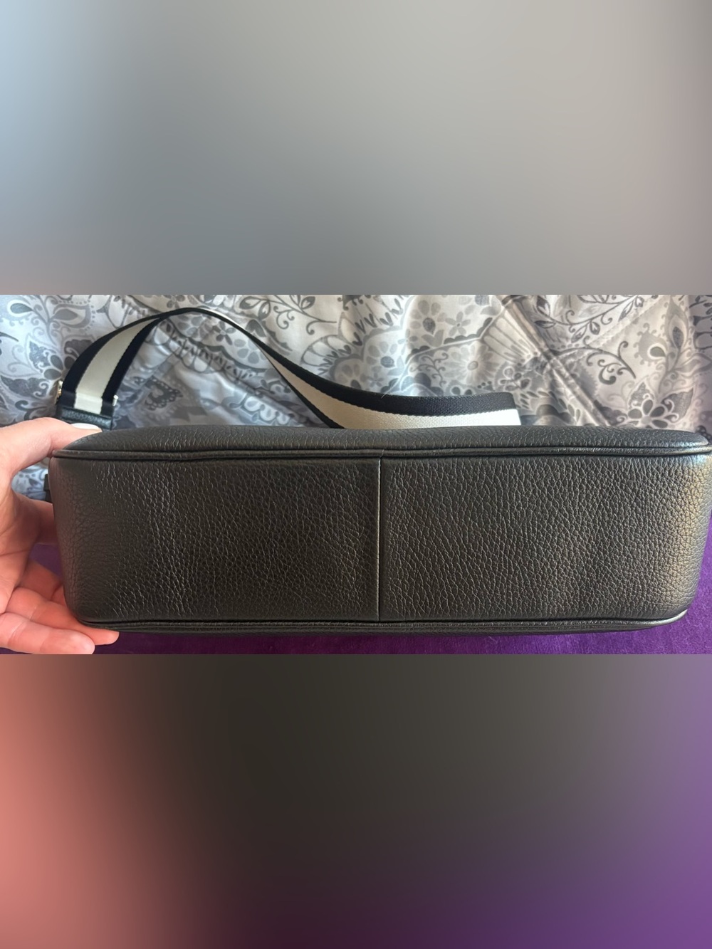 kate spade Black Pebbled Leather Crossbody with Striped Canvas Strap - Picture 2 of 8